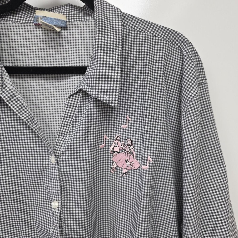 Las Olas Shirt Womens 1X Black Check Button 50s Rock Car Dancers Embroidered Top - Picture 2 of 10